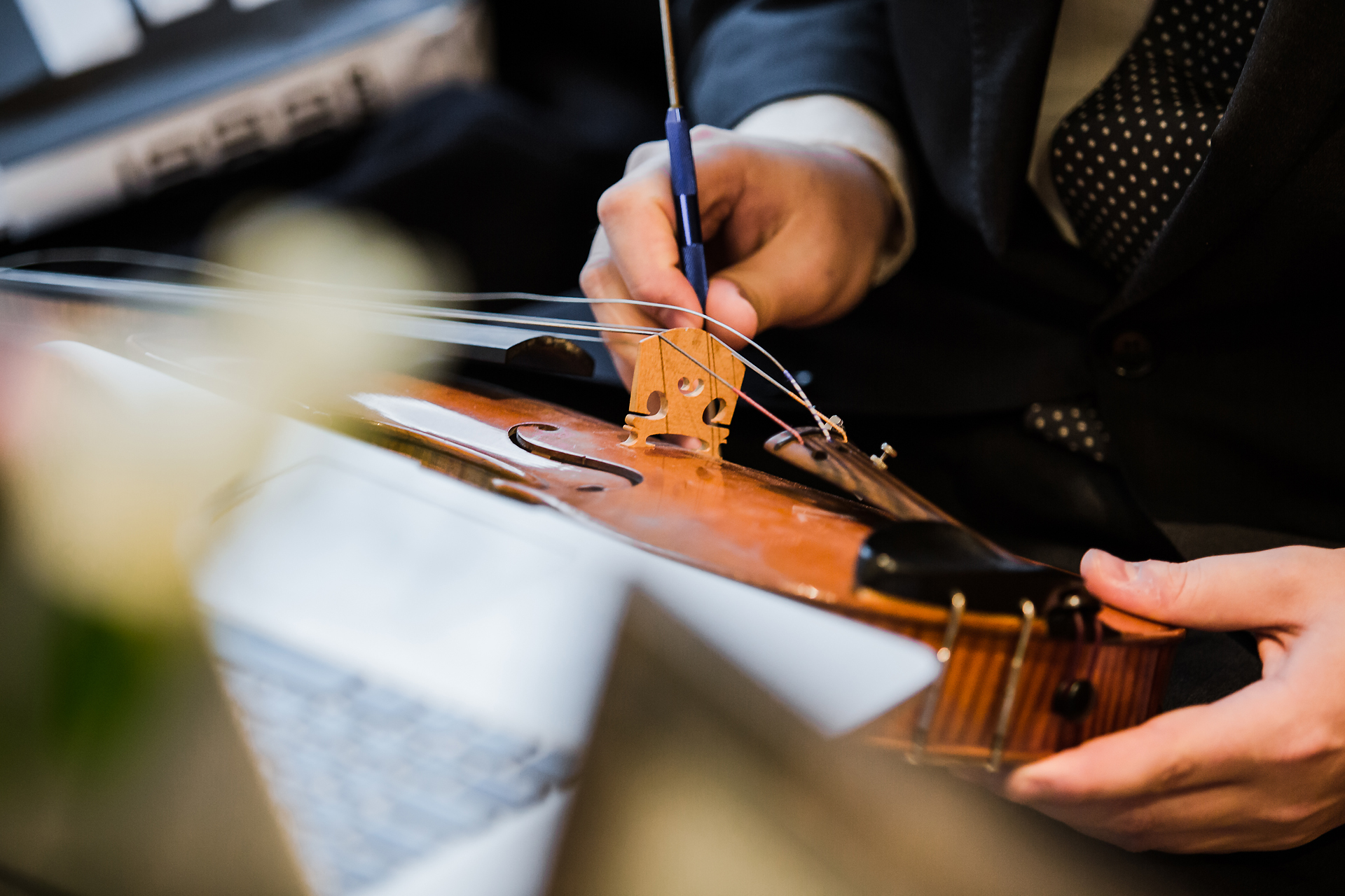 Close-up of an Amati specialist's hands examining the bridge and strings of a violin.